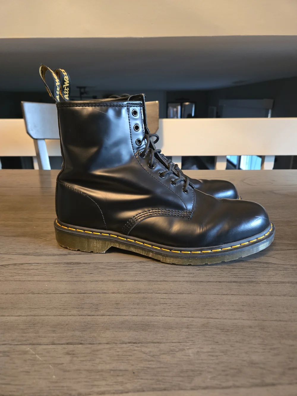Dr. Martens Black Leather 8-Eye Lace-Up Boots with Yellow Stitch
